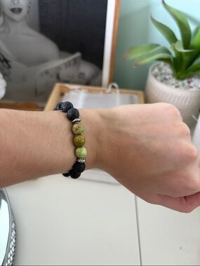 Women's Black Lava Bead Bracelet with Green Gemstone Accents